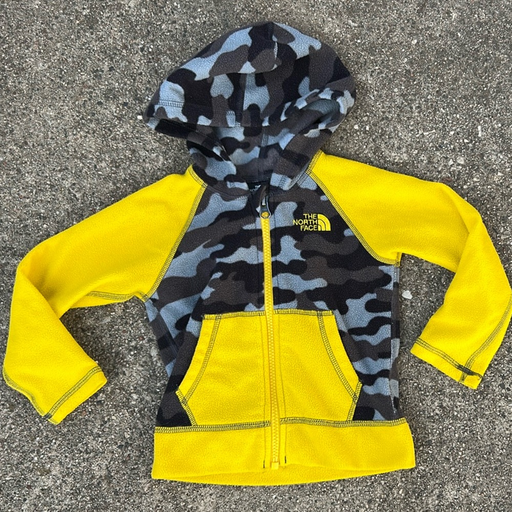 The North Face Fleece Jacket Kids' Yellow Blue Camo Hoodie size 2T